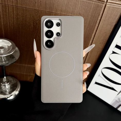 Étui de téléphone magnétique en cuir gris pour Galaxy S25, avec anneau métallique pour objectif et protection antichoc.