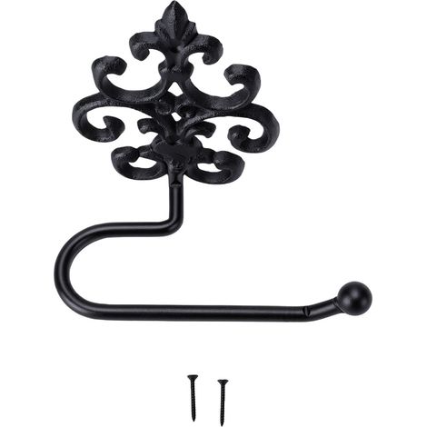Porte-papier toilette rustique en fer forgé, fixation murale, style vintage, noir ajouré et sculpté, idéal pour salle de bain, cuisine, hôtel ou café. (1/5)