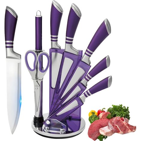 Juego de cuchillos de chef, mango ergonómico, bloque de cuchillos de acrílico, color morado. (1/2)