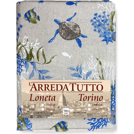 TELO ARREDO copritutto GRAN FOULARD copriletto COPRIDIVANO tessuto DORY TARTARUGHE e CORALLI blu 1 PIAZZA