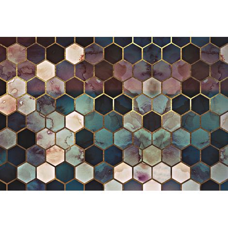 Papier peint panoramique design bleu et rose Tapisserie panoramique graphique dorée Papiers peints panoramiques pour chambre de fille (1/2)