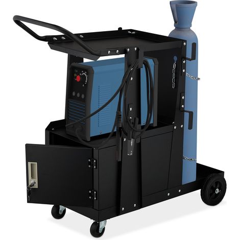 Relaxdays Welding Cart, 3 Shelves, Gas Cylinder Holder, Welder Trolley, Load Capacity 110 kg, HxWxD: 89x47x97 cm, Black (1/5)