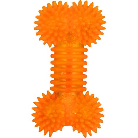 Giocattolo da masticare per cani a forma di osso arancione, realizzato in gomma sicura. (1/4)