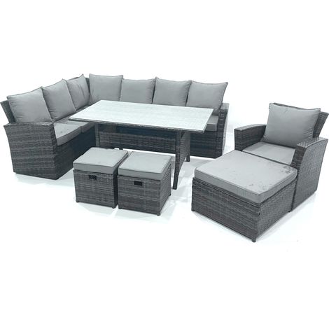 Fimous Gartenlounge Set Rattan Ecksofa Set mit 3 Fußhockern Sesseln Dunkelgrau gemischt