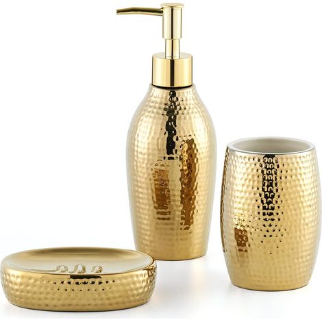 Ensemble distributeur de savon doré, set d'accessoires de salle de bain 3 pièces en céramique, porte-savon et gobelet à dents pour salle de bain et WC d'invités (1/5)