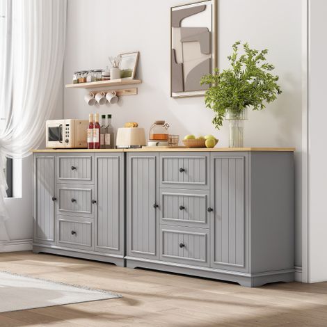 Buffet moderne et élégant à 3 tiroirs — Doté de portes de style réfrigérateur  meuble de rangement pour salles à manger, salons et entrées (Gris) (1/4)