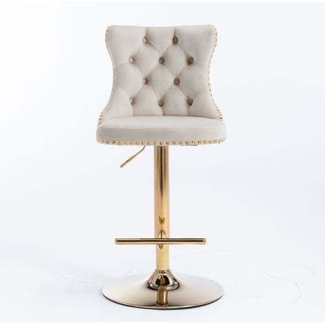 Tabourets de bar pivotants en velours, hauteur réglable de 63,5 à 84 cm, dossier capitonné et garniture cloutée dorée, base dorée, beige, DE1912BG (1/5)