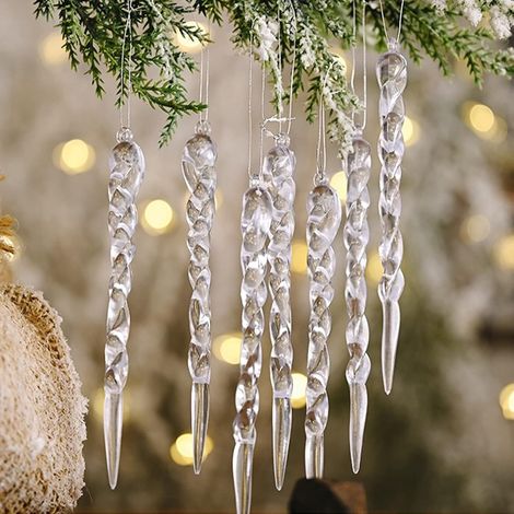 24 Stück durchsichtige Eiszapfen-Weihnachtskugeln, hängende Eiszapfen-Weihnachtsbaumkugeln mit Kordel, Eiszapfen-Weihnachtsdekorationen für den Außenbereich (13 cm)
