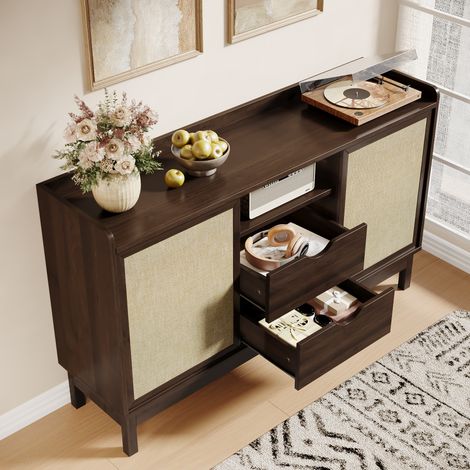 Sideboard mit 2 Schiebetüren und 2 Schubladen, verstellbaren Einlegeböden, für Wohn- und Esszimmer, Natur, 150×39,5×80 cm (1/5)