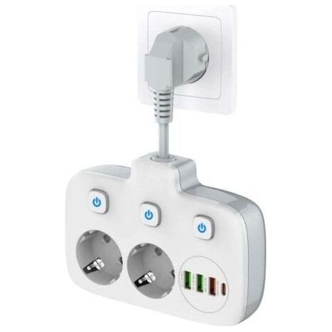 Multiprise à interrupteur unique 2 compartiments, multiprise avec 3 interrupteurs, double fiche murale avec 4 USB,adaptateur de prise avec protection contre les surtensions, sécurité enfant-Chrom (1/4)