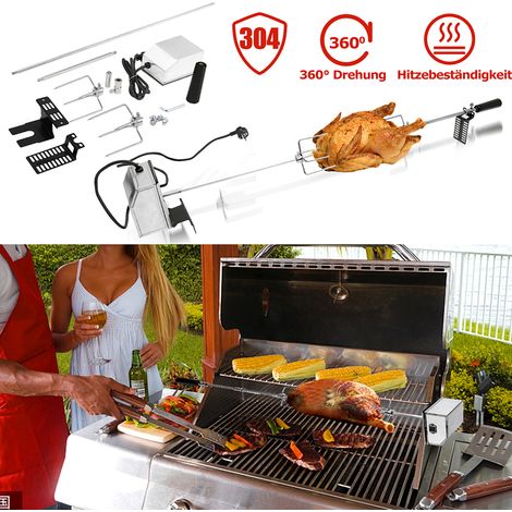 BBQ Tourne Broche en Acier Inoxydable 117CM Set de Broche à Griller, électrique Automatique Rotatif, avec Moteur 220-240V (1/5)