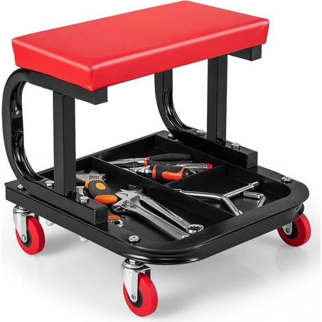 COSTWAY Taburete de garaje con ruedas y bandeja para herramientas, asiento acolchado de mecánico con 4 ruedas universales, capacidad de carga de 150 kg, carro de herramientas de 36 x 35 x 35 cm (1/4)