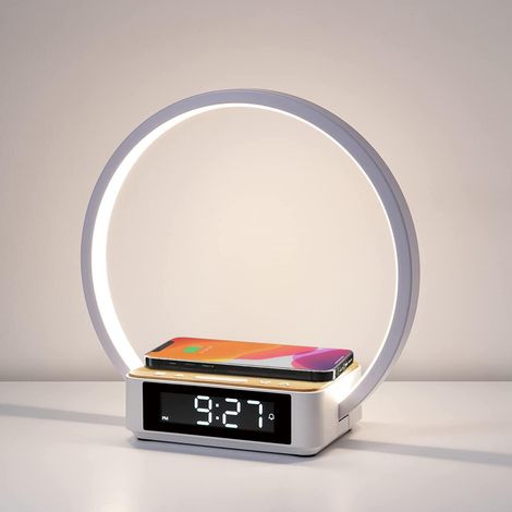 Lampe de chevet tactile avec réveil et chargeur sans fil, lampe de bureau LED à intensité variable (3 niveaux) pour chambre, salon ou bureau. (1/5)