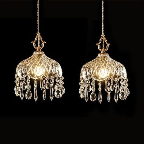 Lot de 2 petites lampes suspendues vintage en cristal, îlot de cuisine, cordon réglable de 1,3 cm à 177,8 cm, diamètre de 20,87 cm, lustre en laiton, lustre pour chambre à coucher (câble dur (1/5)