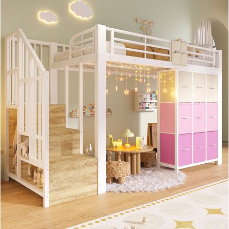 Letto a soppalco in MDF bianco e metallo 90x200 cm con cassetti, armadio e scaletta contenitore (1/5)