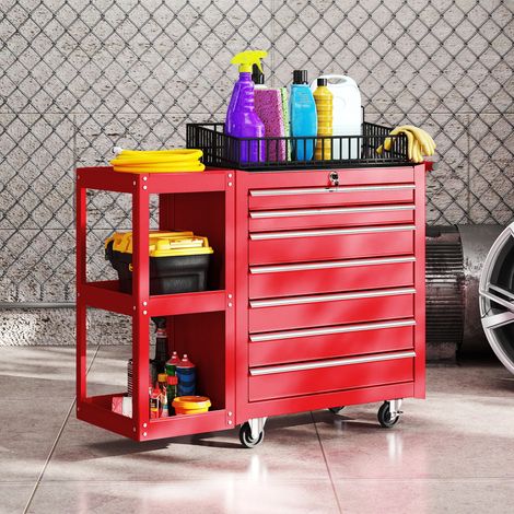 Carro de Herramientas con 7 Cajones Estantería de 3 Niveles Desmontable Sistema de Cierre Central Asa Rojo (1/5)
