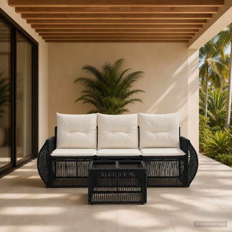 vidaXL Ensemble de canapé de jardin 4 pcs Noir et blanc crème (1/5)