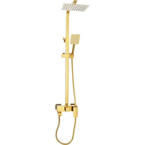 Système de douche thermostatique dorée – Colonne de douche avec mitigeur – Tête de douche carré 20 x 20 cm et douchette à main – Réglable en hauteur – Finition plaquée or – Pour salle de bain (1/5)