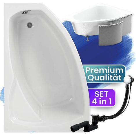 Badewanne Eckbadewanne 140x90 Links mit Styroporverkleidung, Ablauf & Füße GRATIS - Komplettset 4in1 Original Acryl Wanne Siphon - BADLAND FRIDA (1/5)