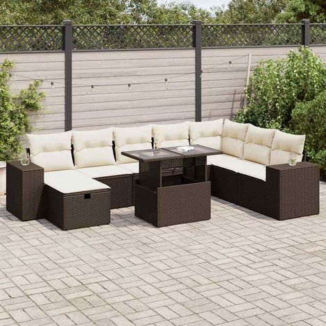 Salon de jardin en résine tressée marron avec coussins - Ensemble complet de 9 pièces (1/5)