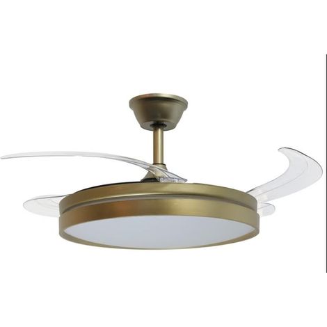 Ventilateur de Plafond avec lumière et 3 pales rétractables en métal et Acrylique doré Mat 53 x 106 x 106 cm (1/2)