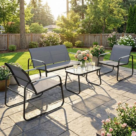 Ensemble de jardin 4 pièces comprenant un canapé 2 places, 2 fauteuils et une table basse. Structure en métal gris.