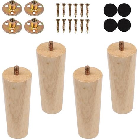 4 PCS Pieds de Meuble en Bois Massif, 12 cm pour Canapé, Rechange Coniques avec Plaque de Montage Vis M4, Patins Antidérapants (1/5)