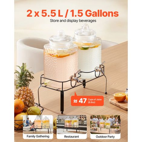 Distributeur de Boissons Grande Capacité 5,5 L 2PCs, Fontaine à Eau en Verre, Distribution d’Eau Jus Limonade Thé Glacé, avec Support en Métal et Robinet en Inox, pour Restaurant Café Hôtel Fête (1/5)