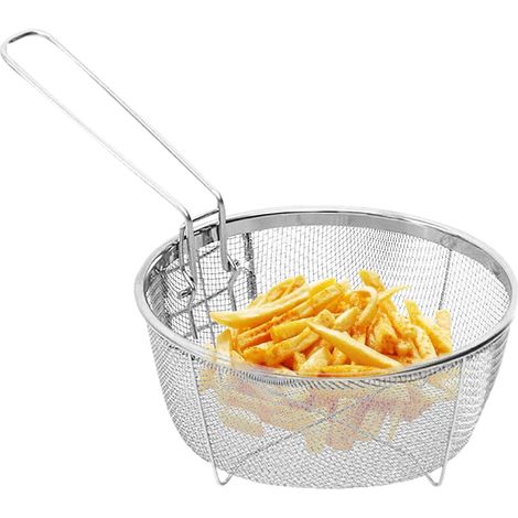 Cestello rotondo in acciaio inox per friggere, ideale per friggere pollo, anelli di cipolla e gamberi. (1/4)