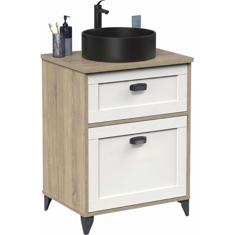 Mueble Baño 61 cm Toscana 1 Cajón Blanco y Roble (Con Lavabo Cerámico) (1/5)