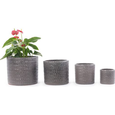Pot de fleurs en céramique gris brillant Ø 37 cm, grand cache-pot de sol pour monstera, ficus et palmier, relief chevron pour salon et terrasse CHICFURN (1/5)