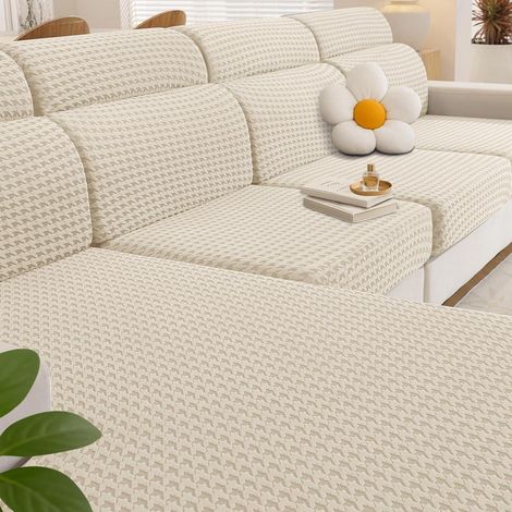 Elastischer Sitzkissenbezug für L-Sofa, 2x 1-Sitzer + 1x Chaiselongue, Beige (1/5)
