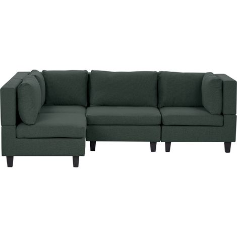 Sofá modular esquinero moderno 4 plazas tapizado tela patas negras respaldo acolchado derecho verde oscuro Unstad