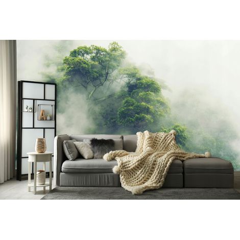 Vlies Fototapete Wald 150x105 cm, Tapeten, für Wohn und Schlafzimmer, Vliestapete Wandtapete Tapete 3D Effekt- inkl. Kleister - Nebel Landschaft Natur grün, WallArena (1/4)