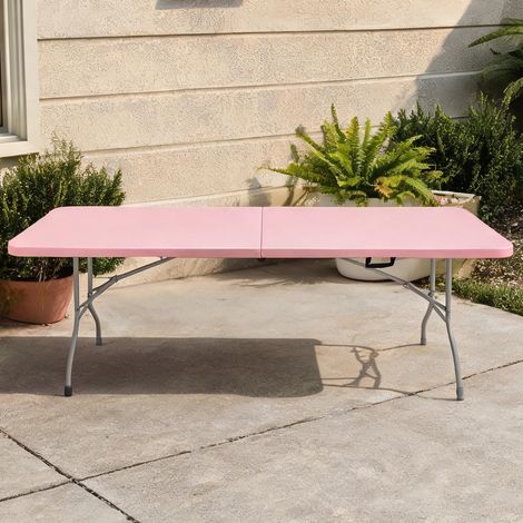 Table pliante rectangulaire 244 cm en acier et plastique rose (1/5)