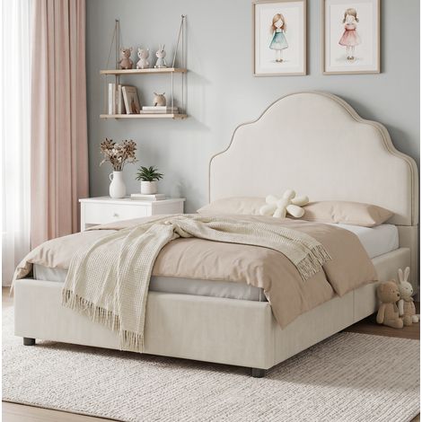 Letto per bambini 90x200 con rete a doghe e testiera imbottita in lino beige DESVIAE (1/5)