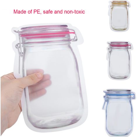 Set mit 10 wiederverwendbaren und auslaufsicheren transparenten Aufbewahrungsbeuteln im Flaschendesign, perfekt für Snacks, Trockenwaren und auf Reisen. (1/5)
