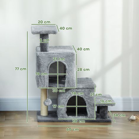 Échelle pour chat à 4 marches réglable en hauteur (avec 2 niches, un griffoir et une balle), grise (1/5)