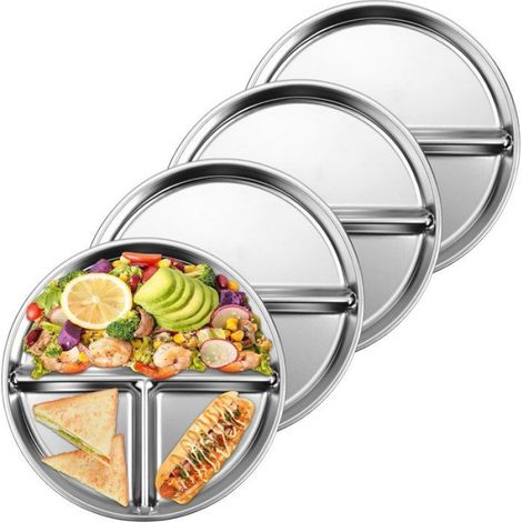 Assiette Inox Compartimentée - 20 Cm - Pour Enfants Et Adultes - Lot De 4 (1/4)
