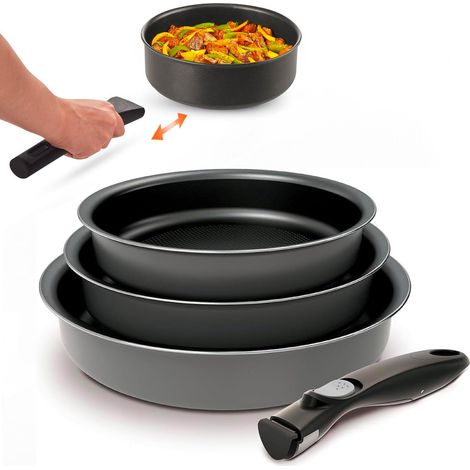 Lot de 3 poêles à induction avec poignée amovible, 20 – 24 – 28 cm, revêtement antiadhésif 5 couches, lavable au lave-vaisselle, utilisable au four jusqu'à 250 °C (1/5)