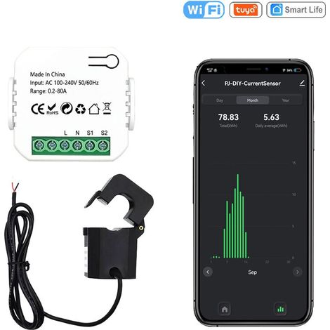 Debuns – Intelligenter 80-A-Energieschalter – Tuya-WLAN-Zähler – Messbereich: 100–240 V Wechselspannung – Strommessbereich: 0,2–80 A – kWh-Tracking-App – LIFE 80A (1/5)