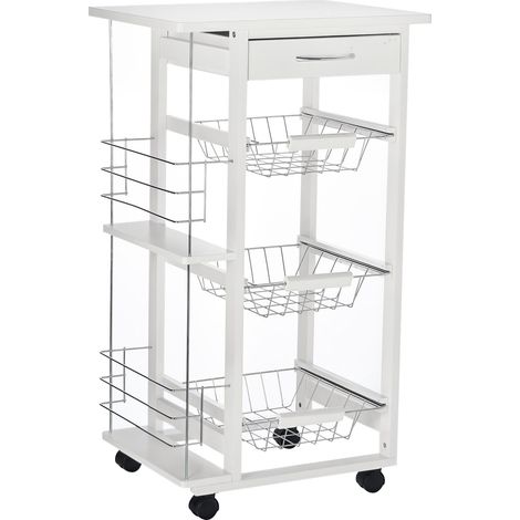 HOMCOM Chariot de service desserte de cuisine à roulettes multi-rangements 3 paniers métal tiroir + 2 range-bouteilles bois pin blanc