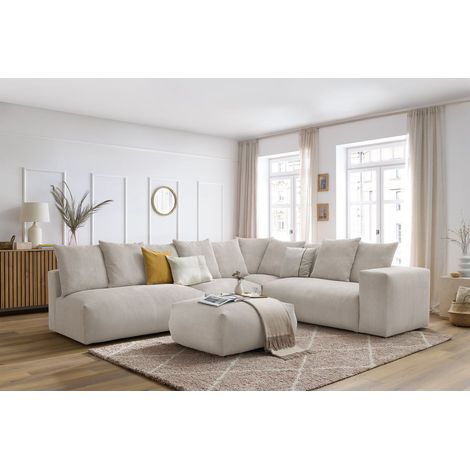 BOBOCHIC - Canapé d'angle fixe modulable VOLTAIRE avec 2 chauffeuses 2 places, 1 angle, 1 chauffeuse 1 place et 1 pouf Angle droit Beige (1/5)