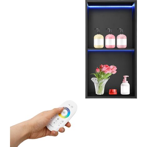 Niche de douche en acier inoxydable noir avec lumières LED 30,5 x 61cm – Étagère de douche encastrée avec 2 niveaux de rangement, niche murale de salle de bain imperméable et antirouille (1/5)