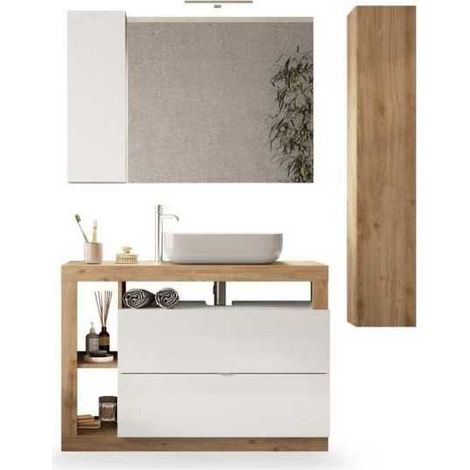 Ensemble de meubles de salle de bain HAMBOURG L110 – Vasque céramique – 2 tiroirs – 3 niches – Colonne avec système Push-Pull – Coloris chêne clair et laqué blanc (1/5)