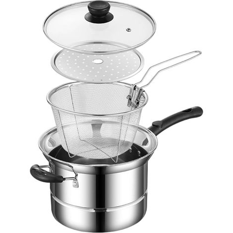 Friteuse Compacte en Acier Inoxydable avec Panier Égoutteur Couvercle Anti-éclaboussures et Passoire Ensemble pour Friture Vapeur et Égouttage Compatible Tous Feux