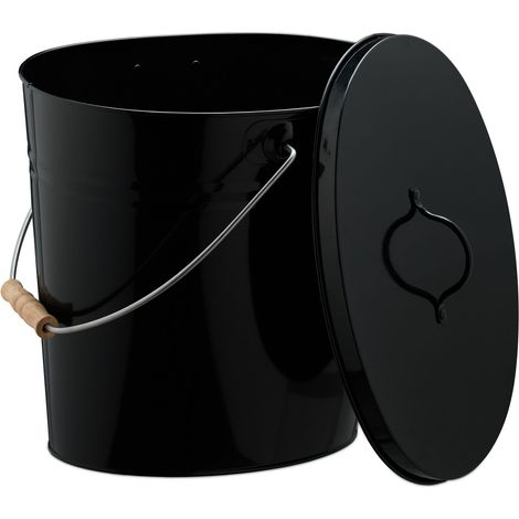Relaxdays Ash Bucket with Lid, 12 Litres, Wooden Handle, for Coal & Briquettes, Fireplace Bin, Steel Container, Black