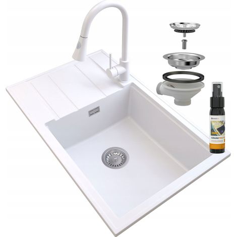 ÉVIER EN GRANIT BLANC LOUIS CHROME SIPHON BAT SNAKE (1/5)