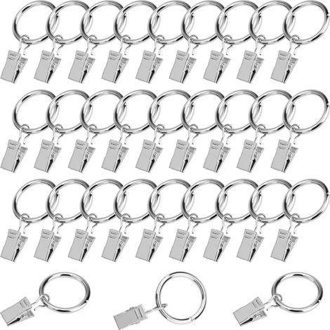 30 Anneaux de rideau, Métal, Diamètre 32 mm, Clips robustes, Argenté, Pour tringles