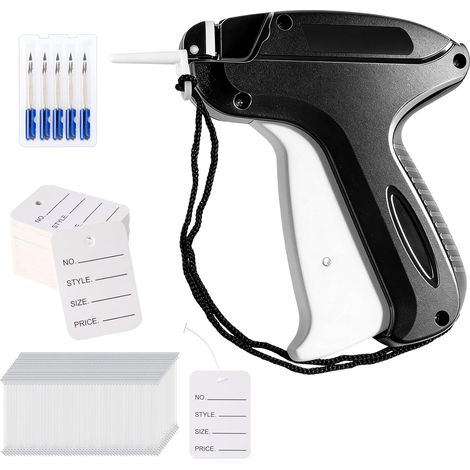 Etichettatrice a pistola nera, con 5 aghi di ricambio + 2000 fili a paletta + 200 etichette prezzo + istruzioni per bazar, abbigliamento e tessuti.